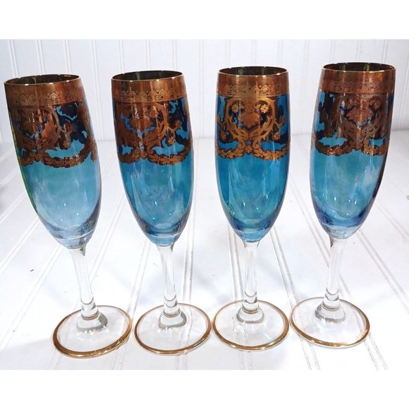 GlassOfVenice Murano Glass Champagne Flutes 24K Gold Leaf - Blue Set 4 Vintage - Picture 8 of 16